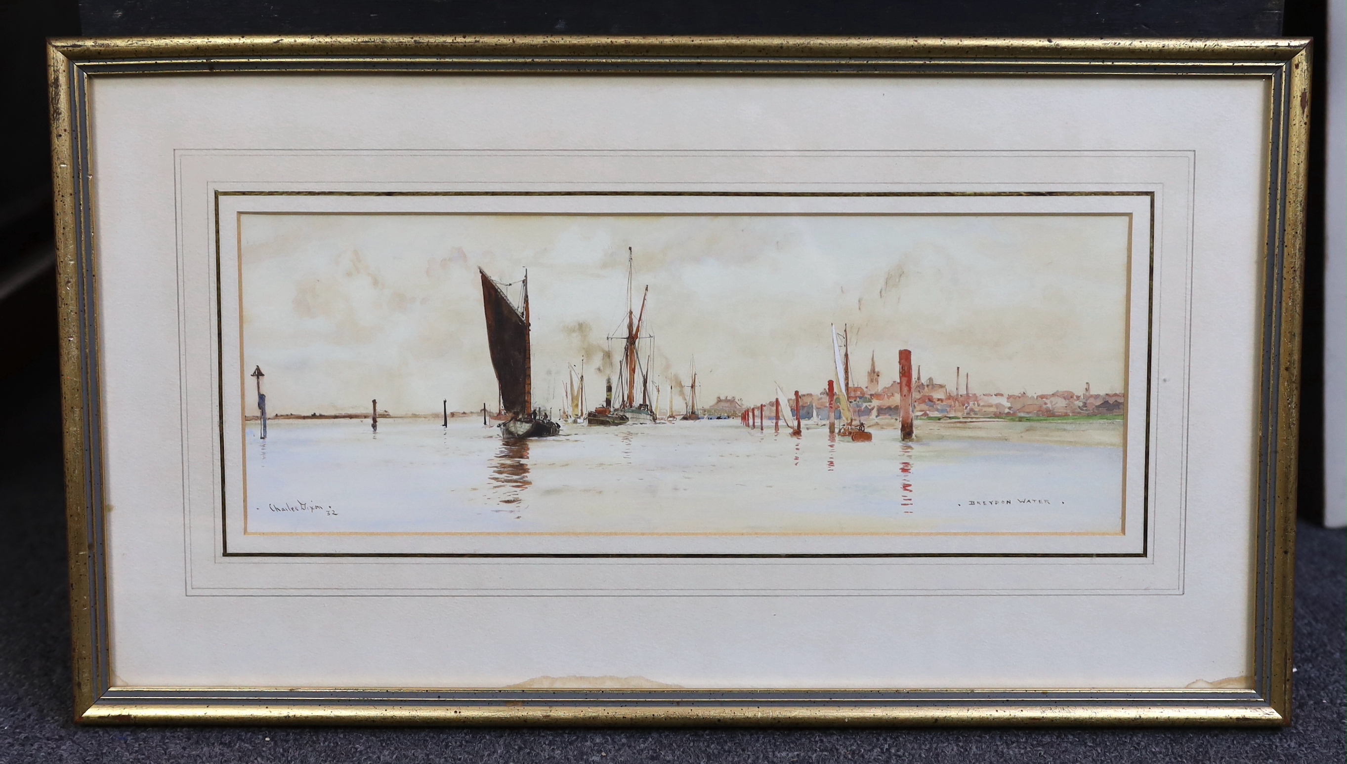 Charles Edward Dixon, R.I. (English, 1872-1934), 'Blown Boats at Ouldon', 'Oulton Broad' & 'Breydon Water', three watercolours, 14 x 38cm